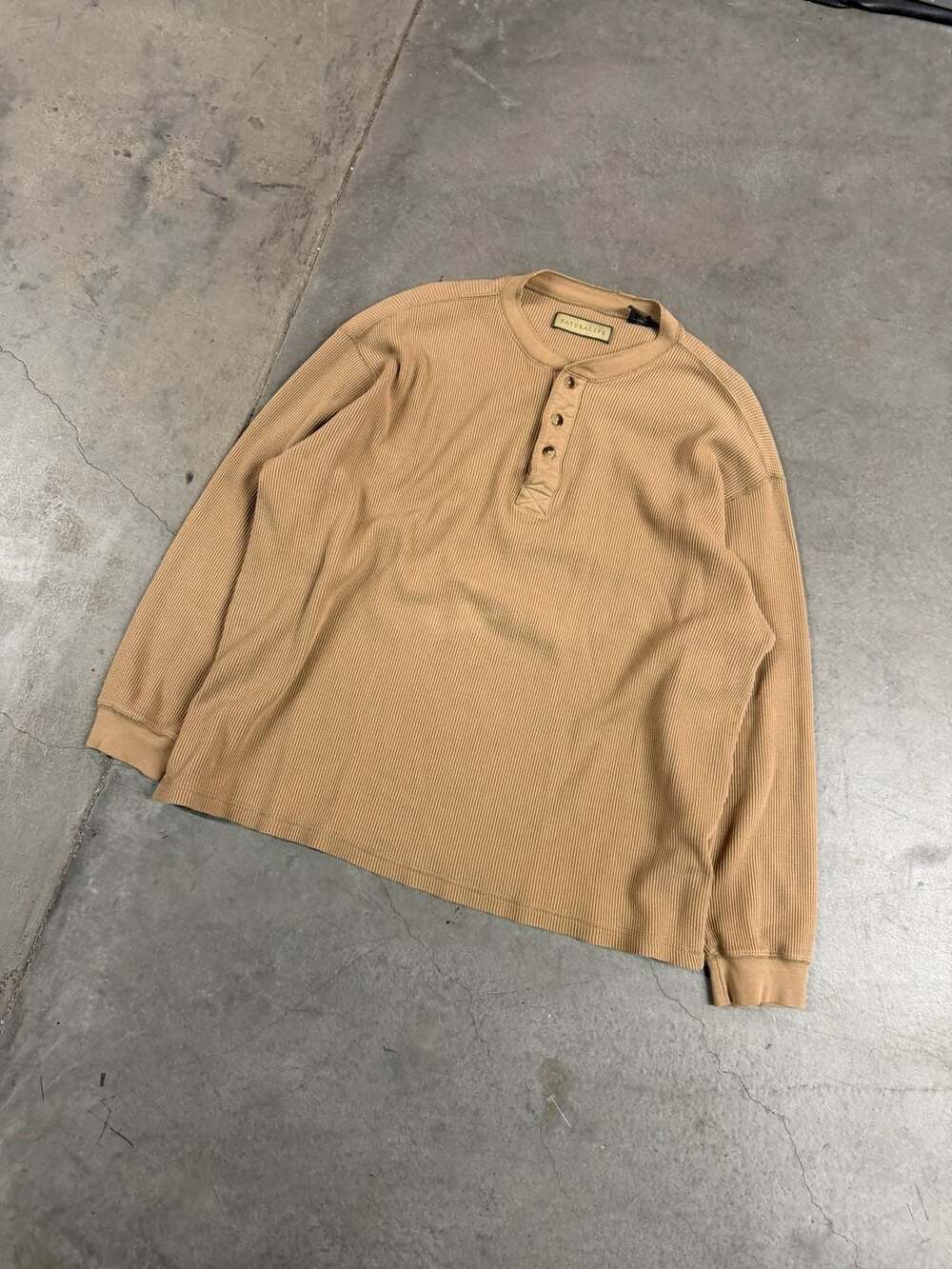 Naturalife Waffle Henley Size L Tan Long Sleeve Shirt